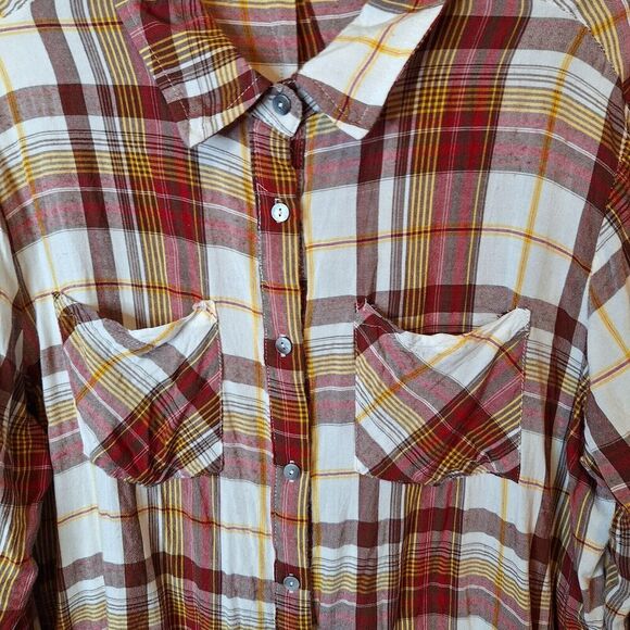 White Birch Women Button Up Raw Hem Shirt Size L Brown Plaid‎ Pockets Split Back - Picture 6 of 14
